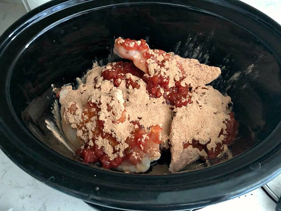 Slow cooker with chicken breast and seasoning