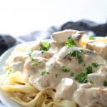 chicken Alfredo made healthier with less fat served with fettecine