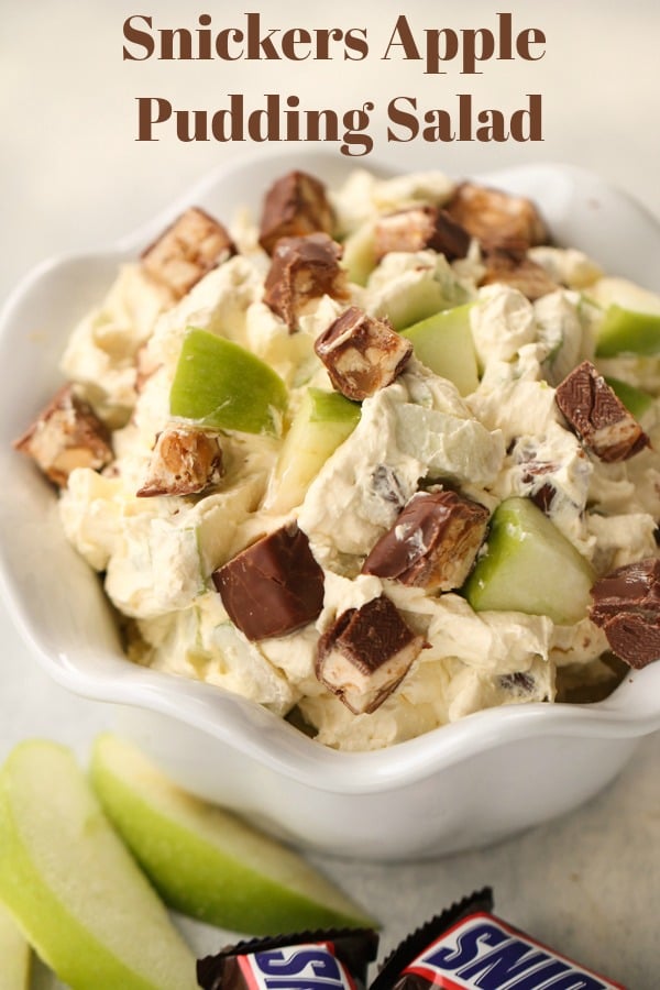 Snickers Apple Pudding Salad in a white bowl
