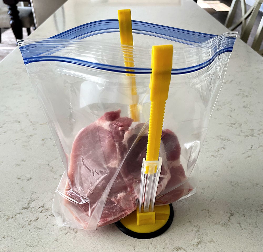 Ziploc bag with marinade and pork chops