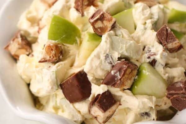 Snickers Apple Pudding Salad in a serving bowl.