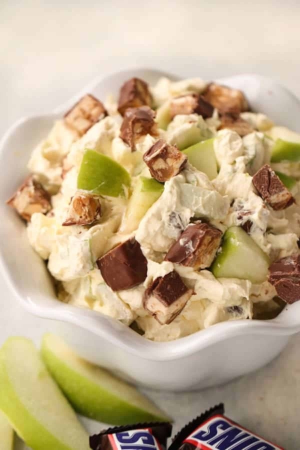 Snickers Apple Pudding Salad in a serving bowl.