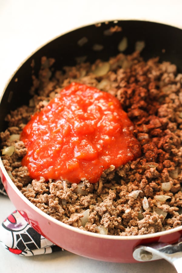 Skillet with ground beef and salsa