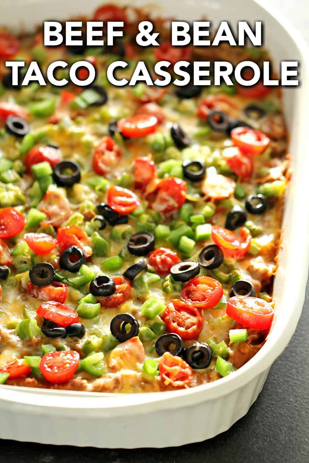 Ground Beef and Bean Taco Casserole
in a white casserole dish