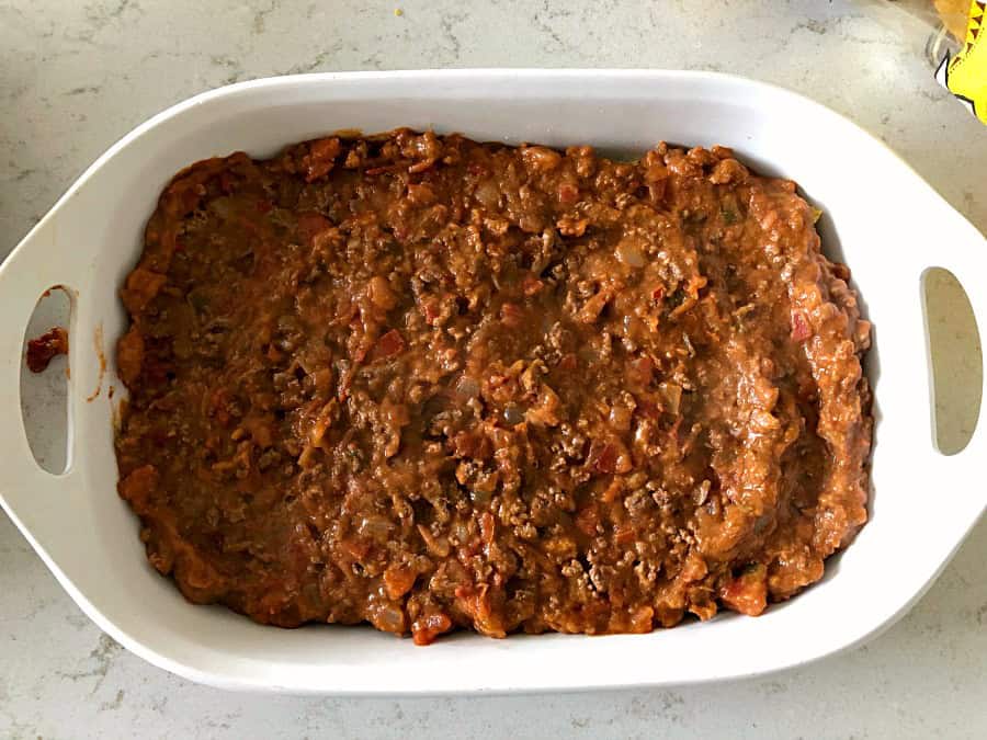 Ground Beef layer in casserole dish