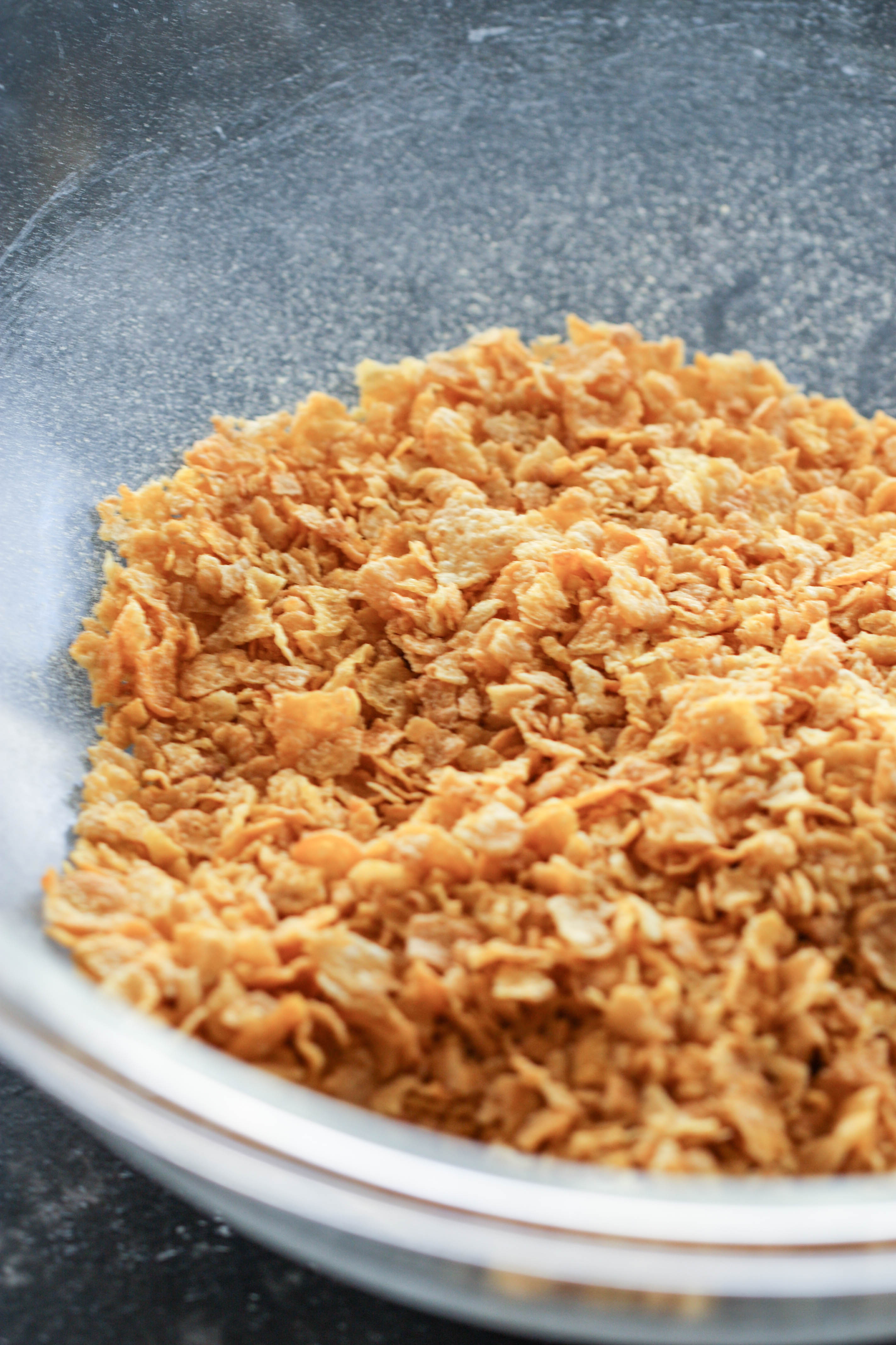 Crushed corn flakes in a bowl