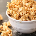 gooey homemade caramel popcorn in a bowl