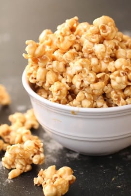 gooey homemade caramel popcorn in a bowl