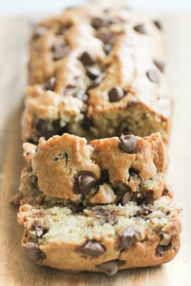 closeup peanut butter chip banana bread slices