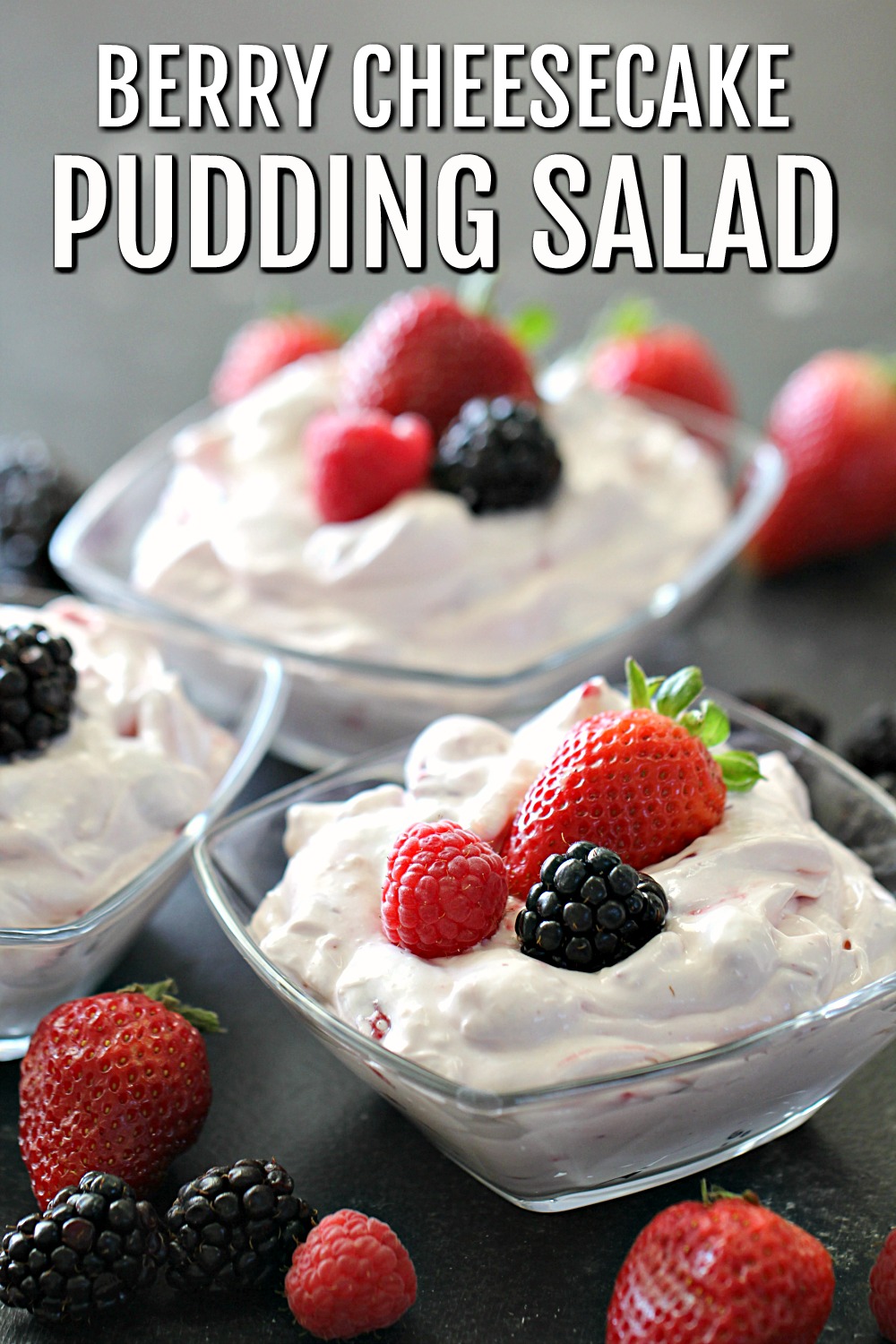 Berry Cheesecake Pudding Salad in individual serving bowls