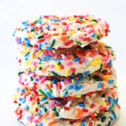 5 freshly baked Funfetti Cake Mix Cookies stacked.