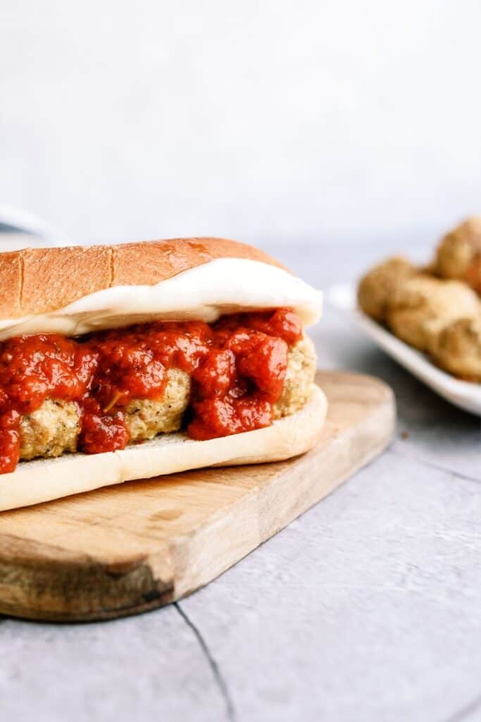 Homemade Turkey Meatball Sub on a cutting board.