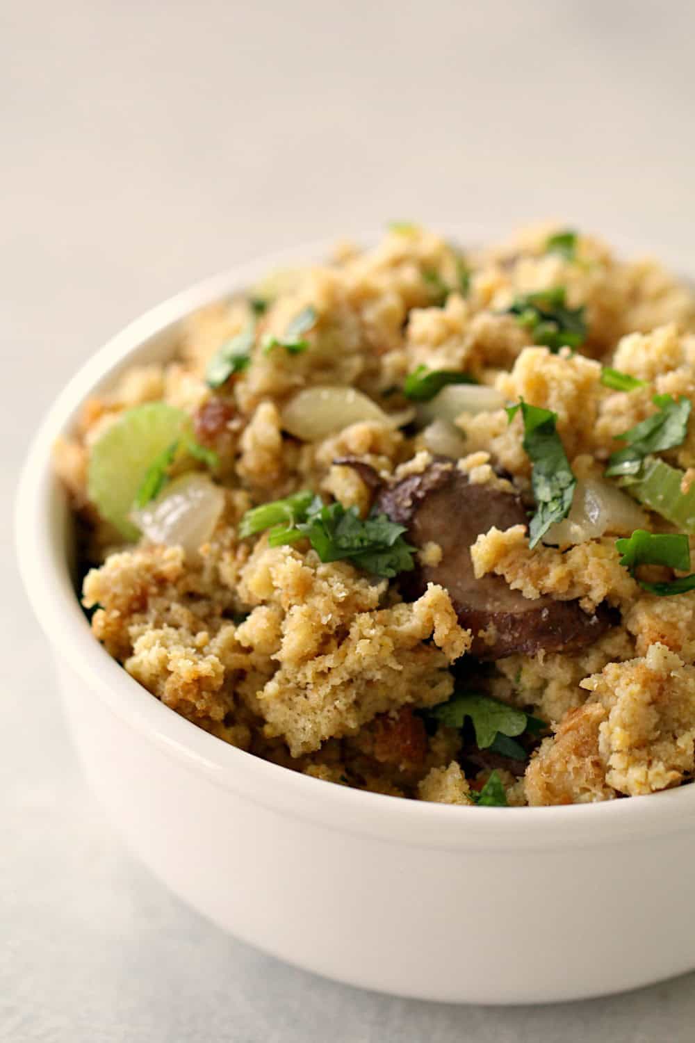 Finished Slow Cooker Stuffing in a bowl ready to serve