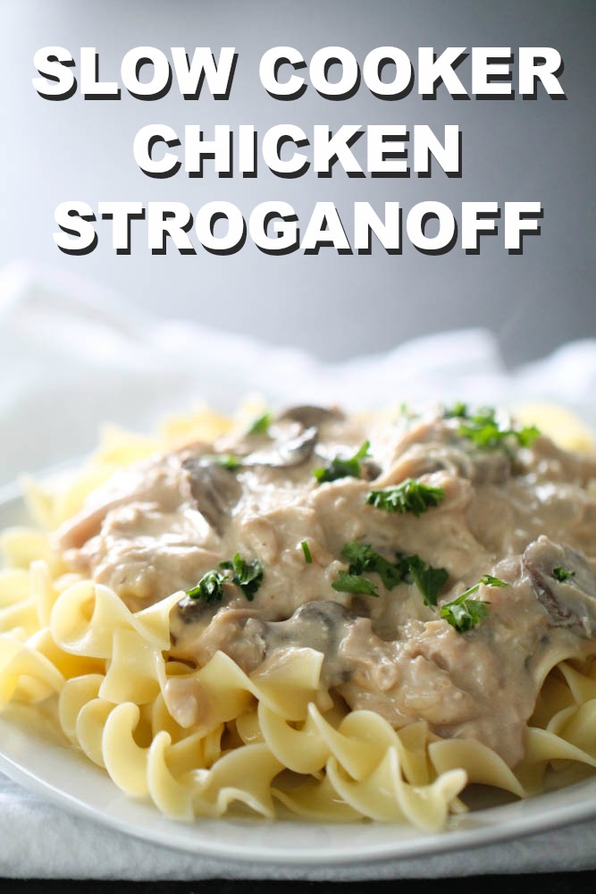 Slow Cooker Chicken Stroganoff served on a white plate