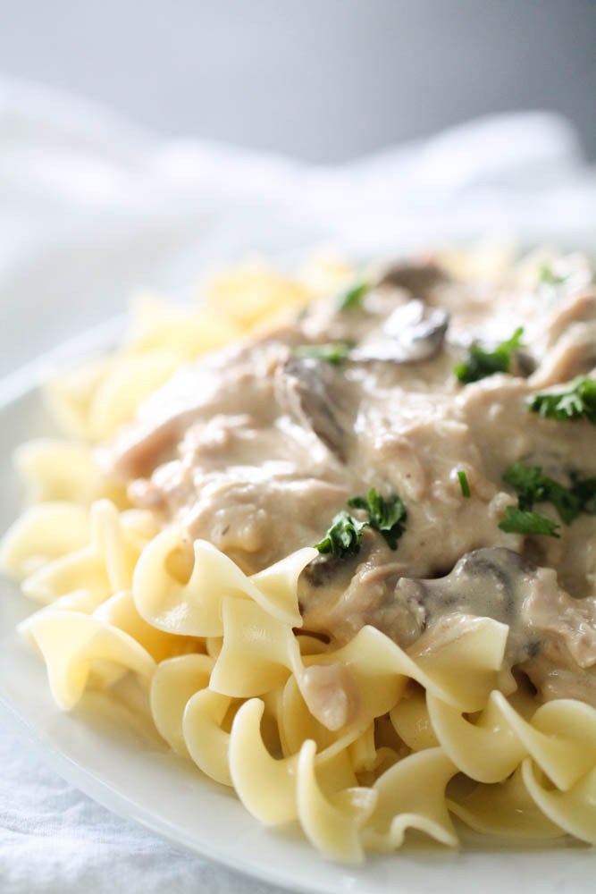 Slow Cooker Chicken Stroganoff served over noodles on a plate