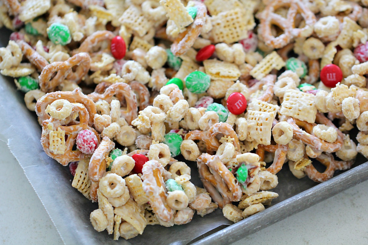 White Chocolate Chex Party Mix on a sheet pan