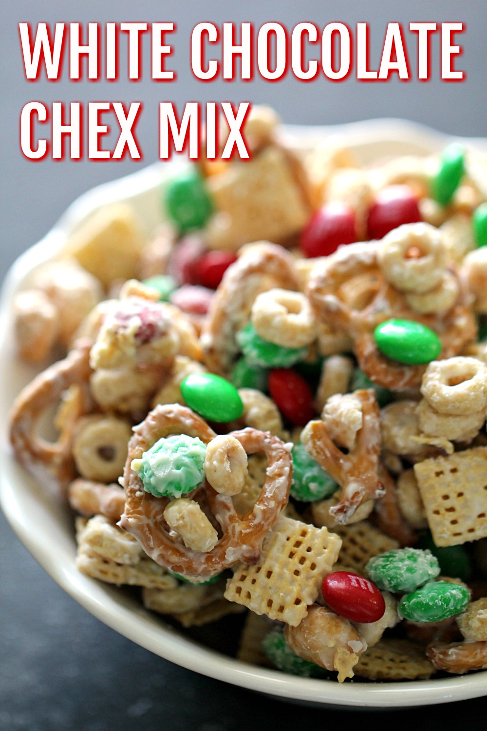 Close up picture of White Chocolate Chex Party Mix in a bowl