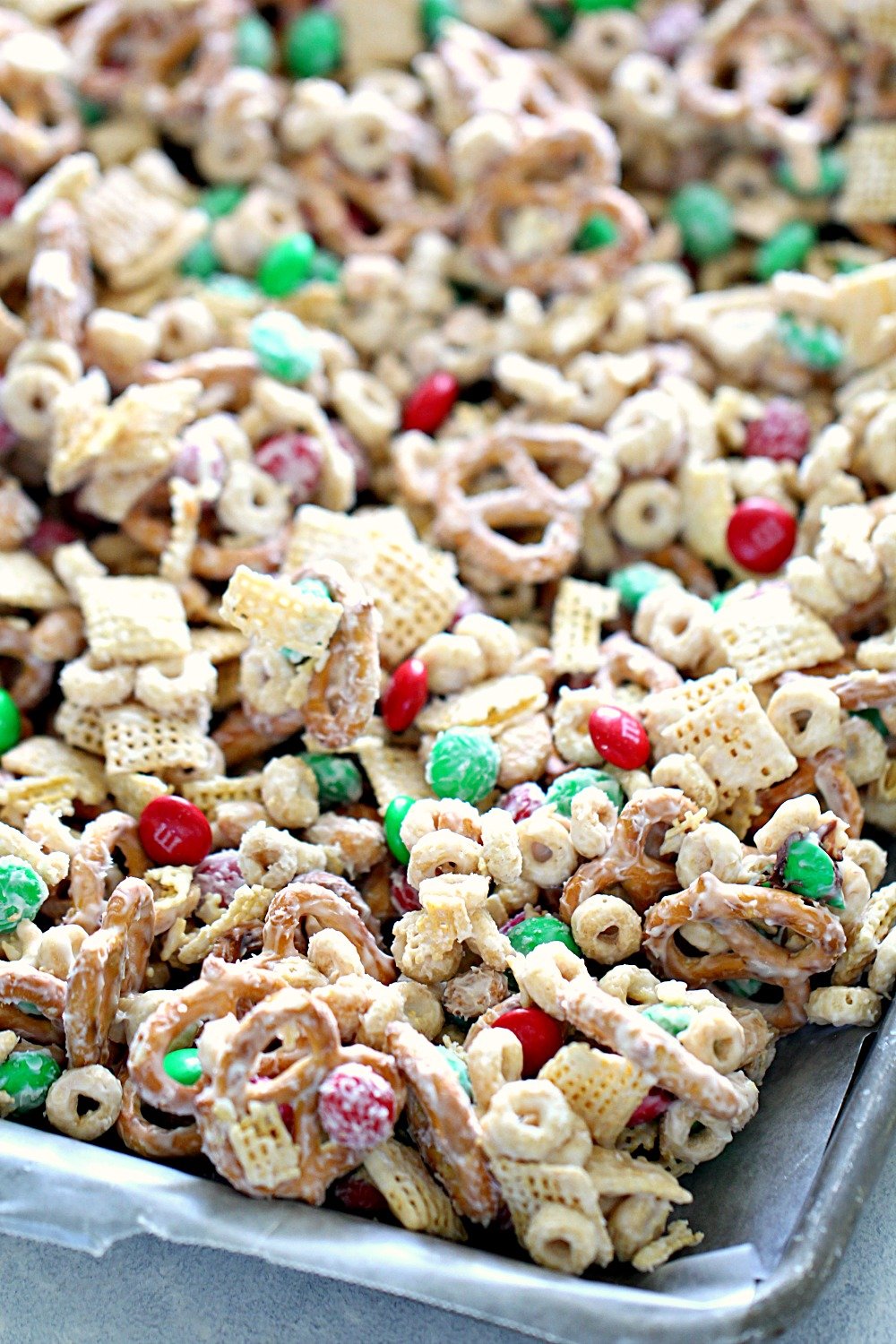 White Chocolate Chex Party Mix on a baking sheet