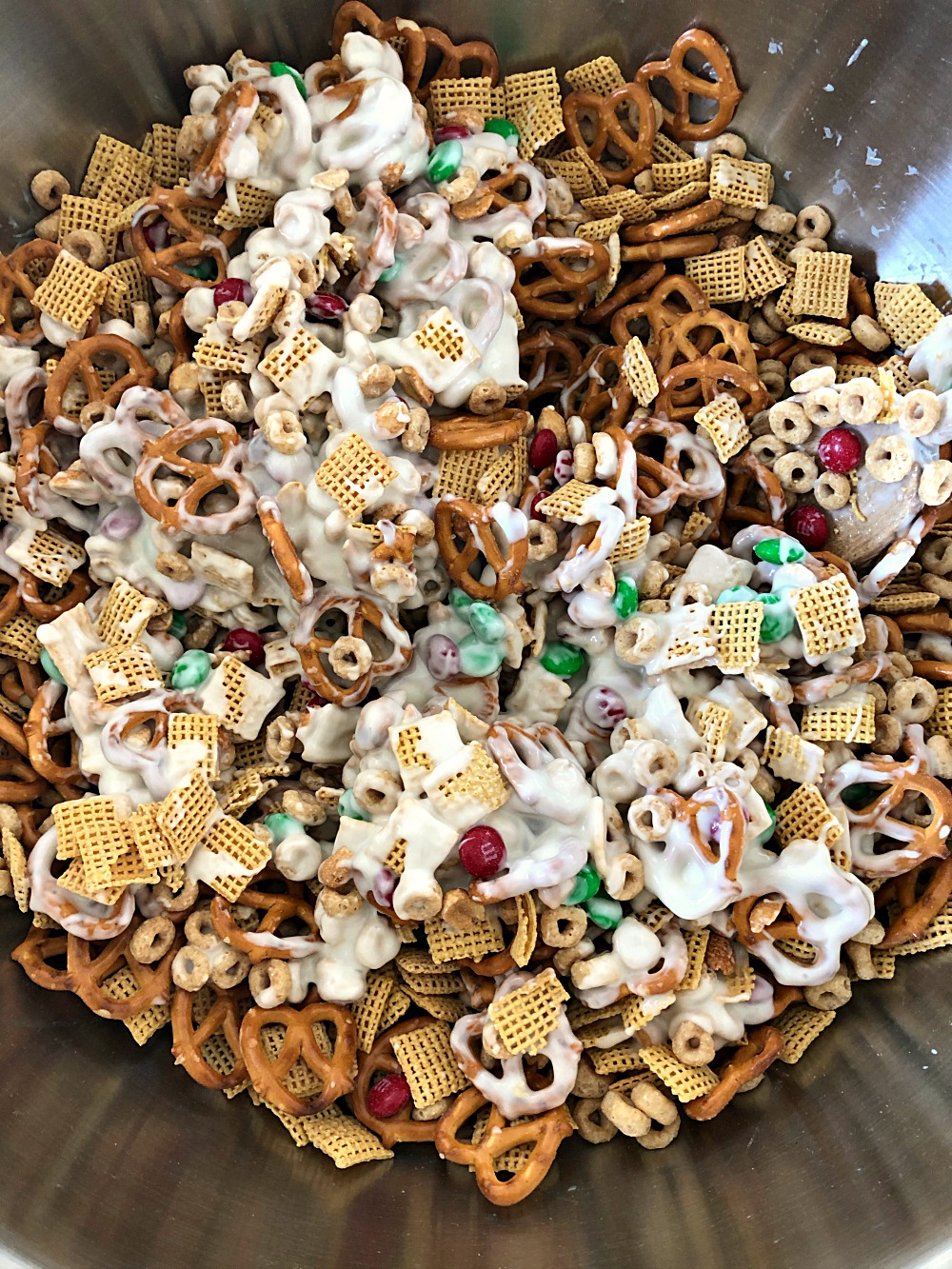 White Chocolate Chex Party Mix ingredients in a large metal bowl