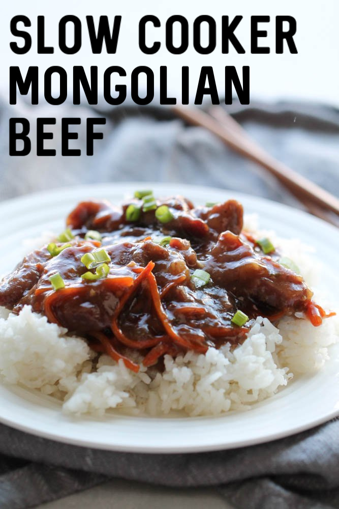 Slow Cooker Mongolian Beef on a plate served over rice