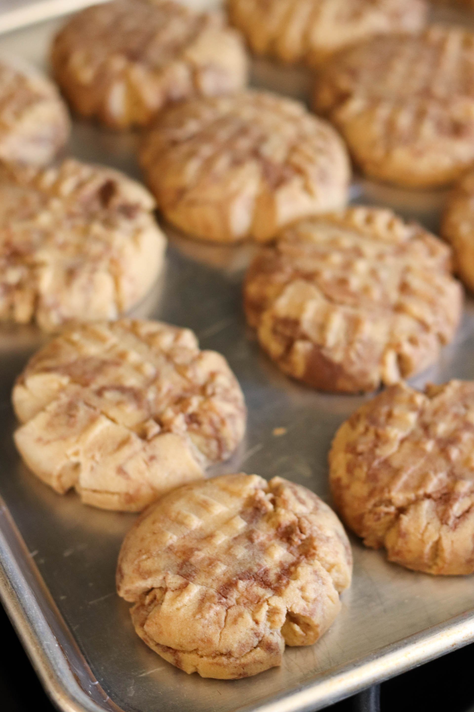 Peanut Butter Nutella Swirl Cookies on a baking sheet