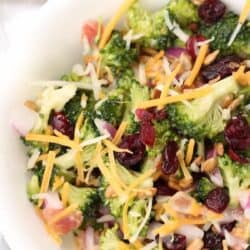 A bowl of broccoli salad topped with shredded cheese, red onions, dried cranberries, sunflower seeds, and shredded carrots.