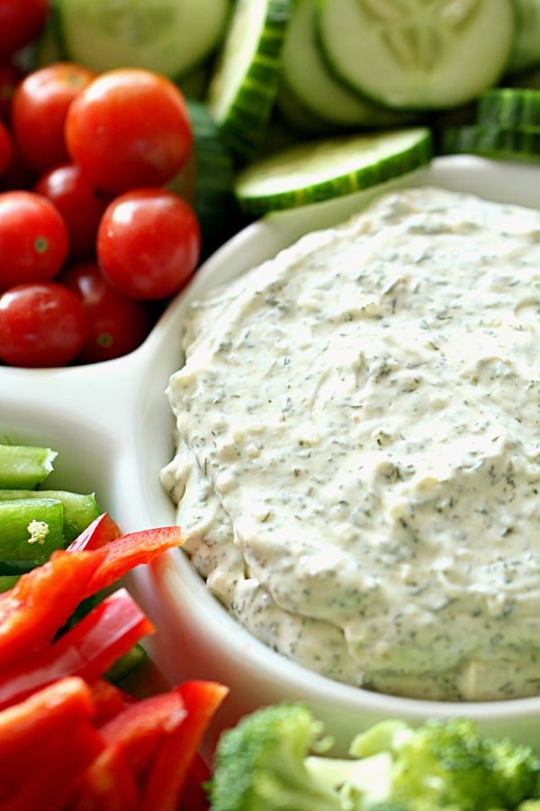 Vegetable Dill Dip on a platter with veggies
