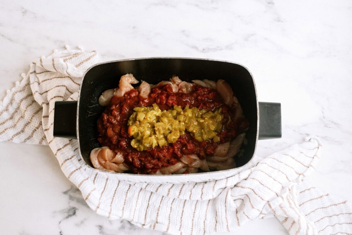 Chicken, Diced Tomatoes, and Green Chiles in slow cooker
