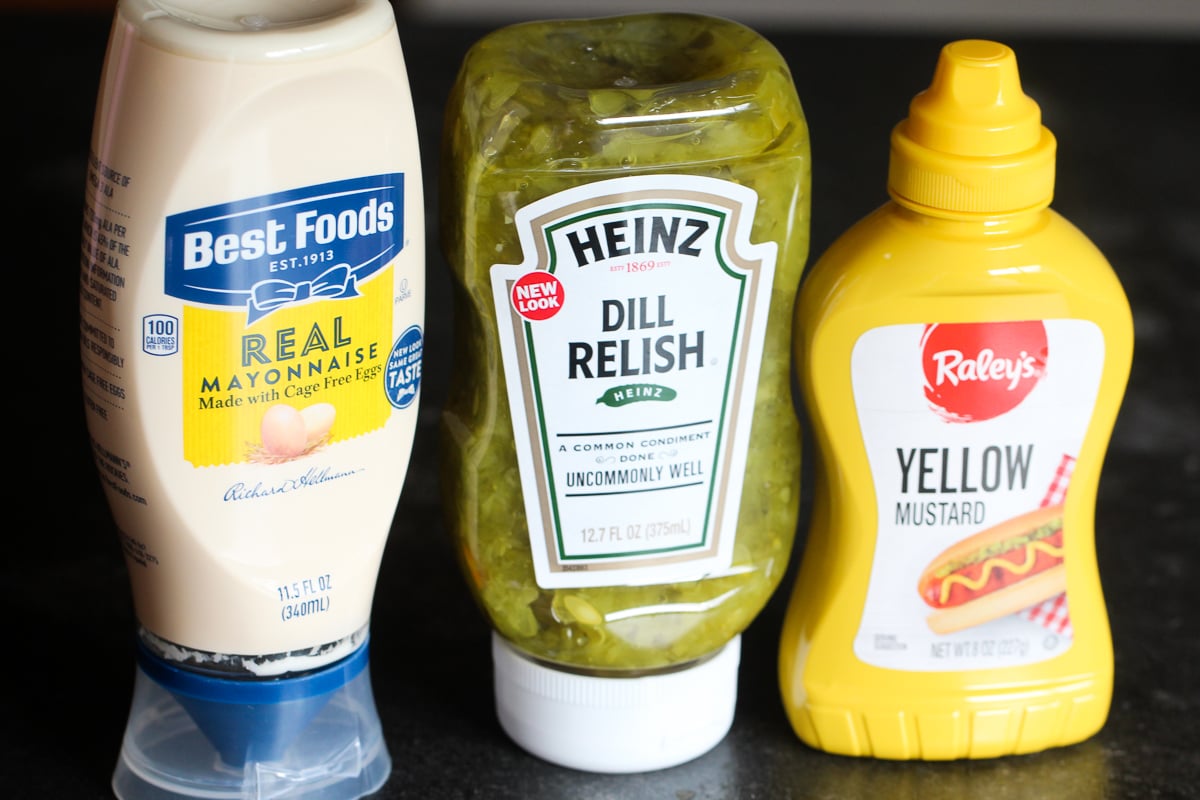 mayonnaise, relish, and yellow mustard
