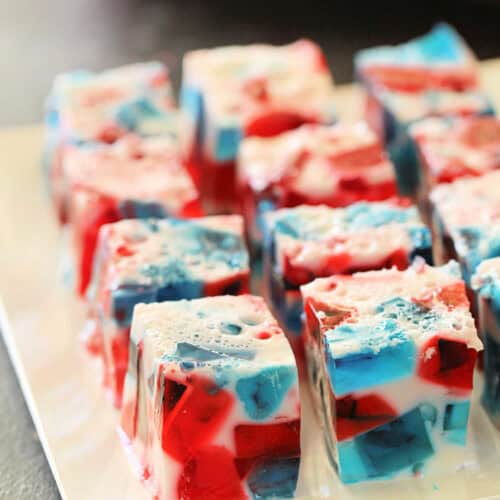 4th of July Jello cubes on a serving platter.