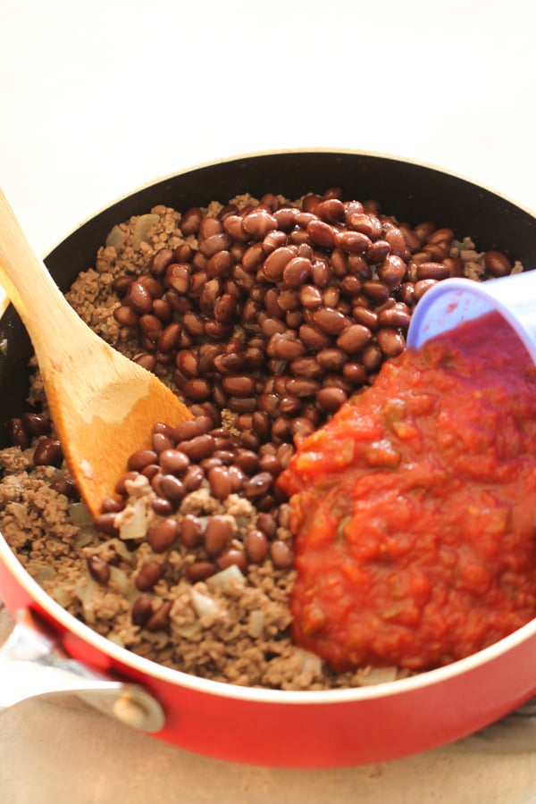 Skillet with Ground Beef. Salsa and Black Beans