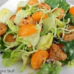 A plate of salad featuring mixed greens, orange segments, and seasoned grilled chicken pieces.