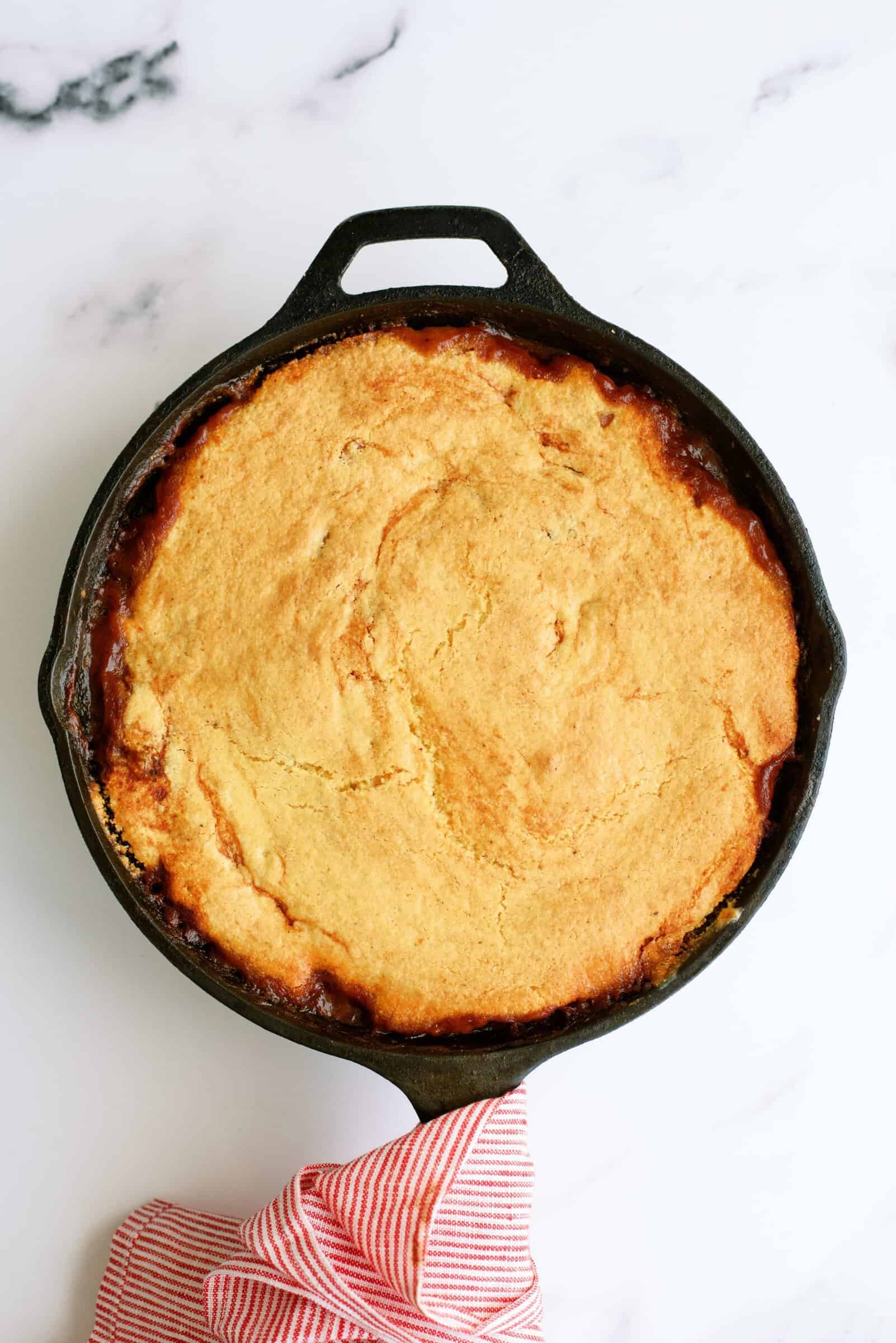 Cornbread Sloppy Joe Casserole in a skillet