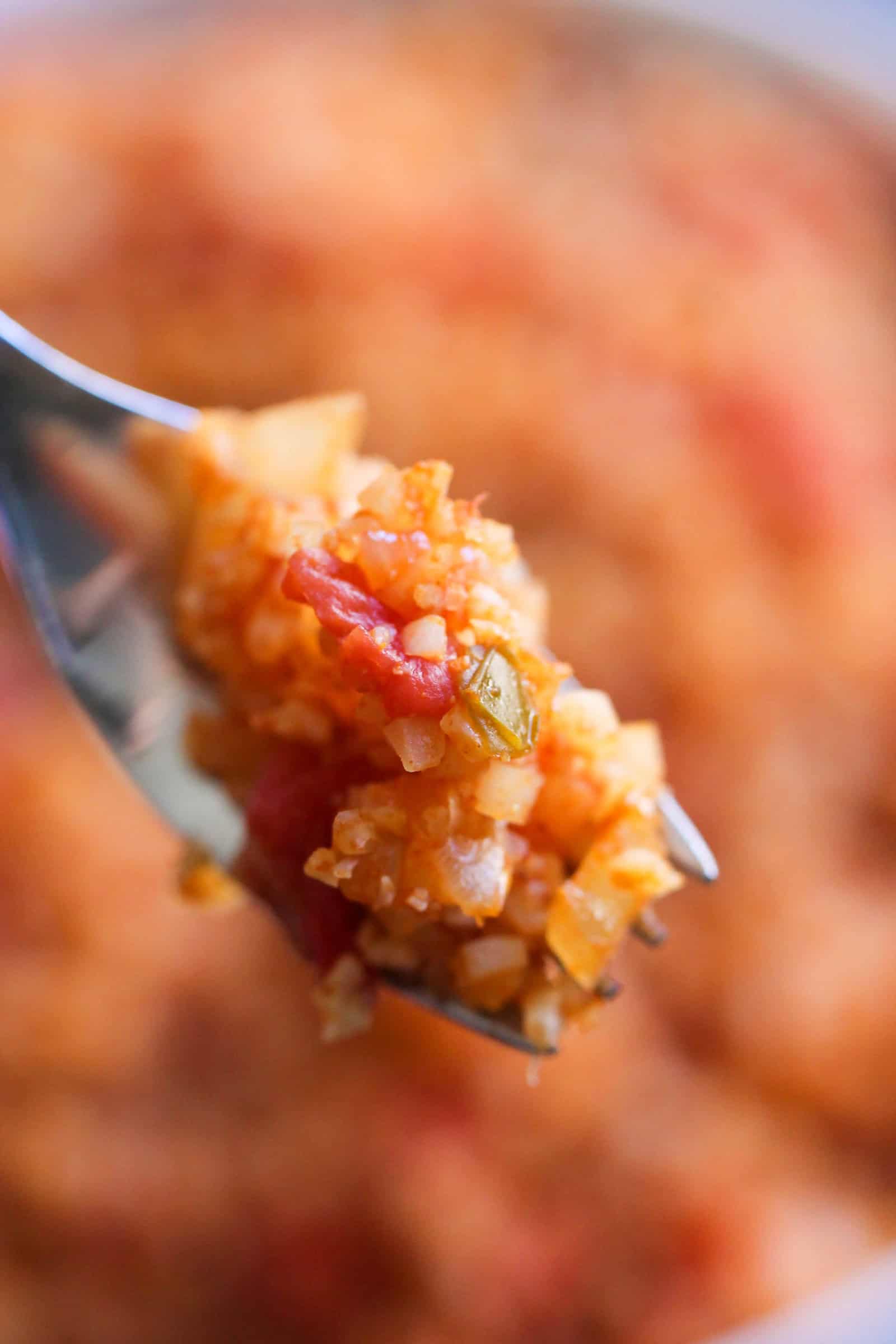 This Spanish cauliflower rice on a fork