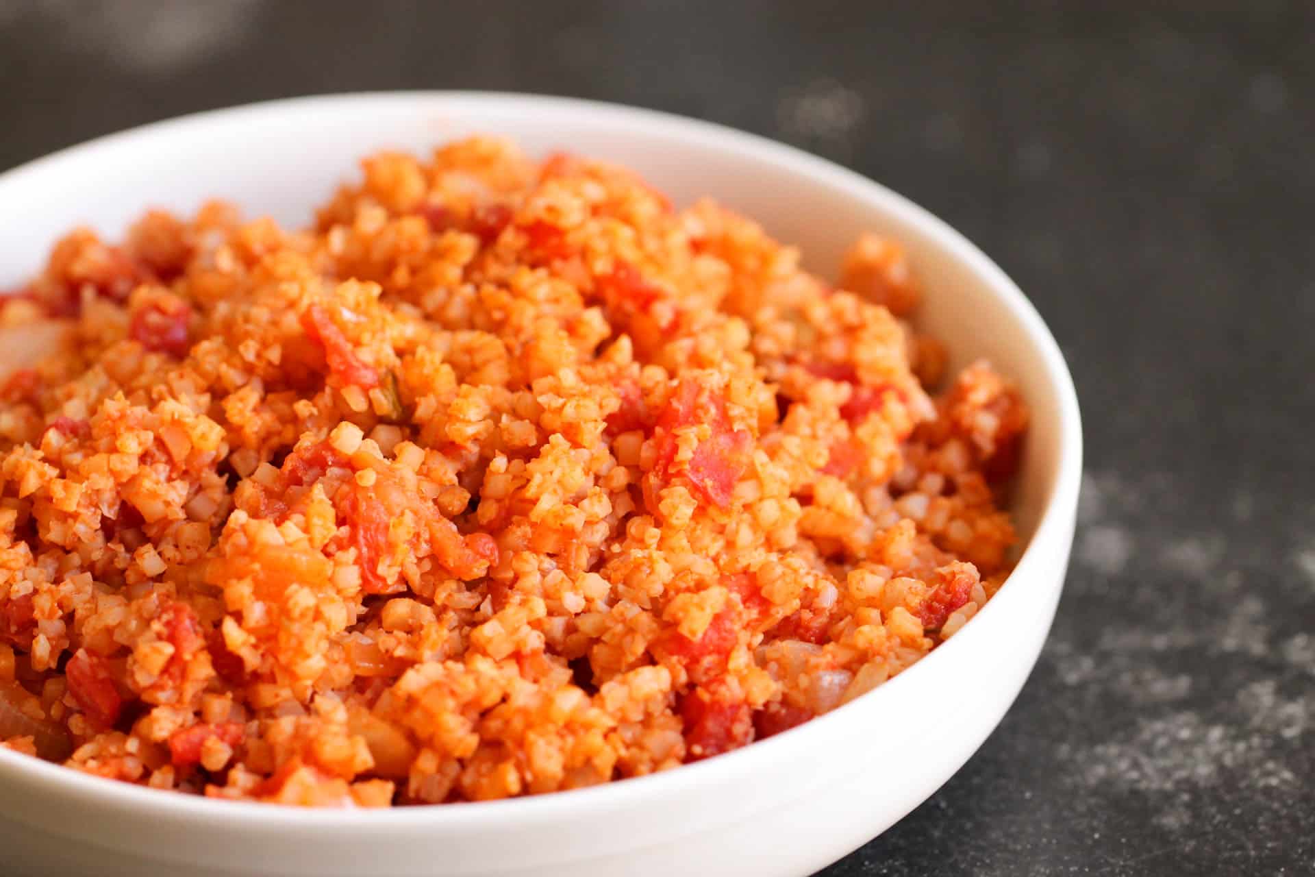 Spanish Cauliflower Rice in a white bowl