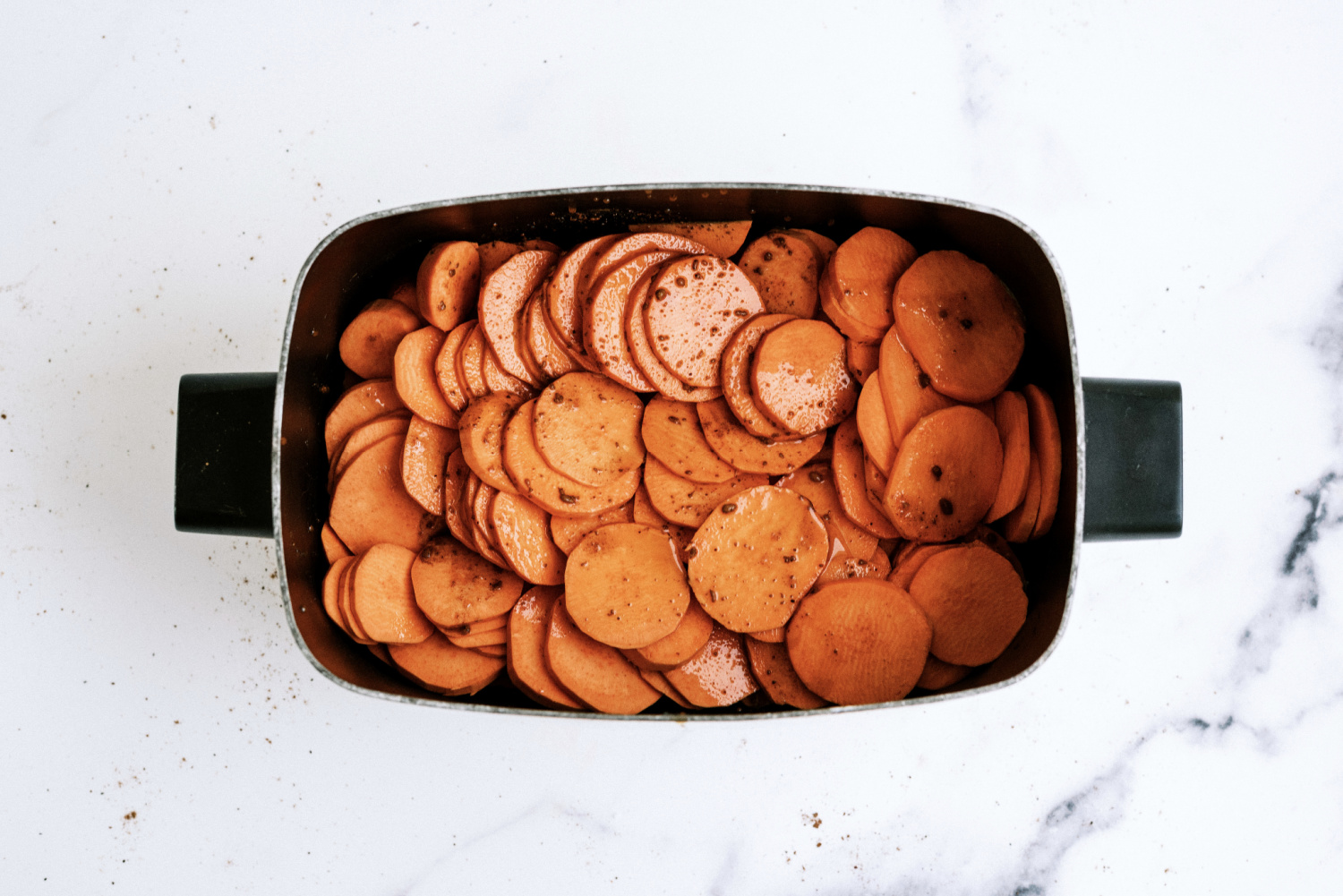 sweet potatoes in the slow cooker ready to cook