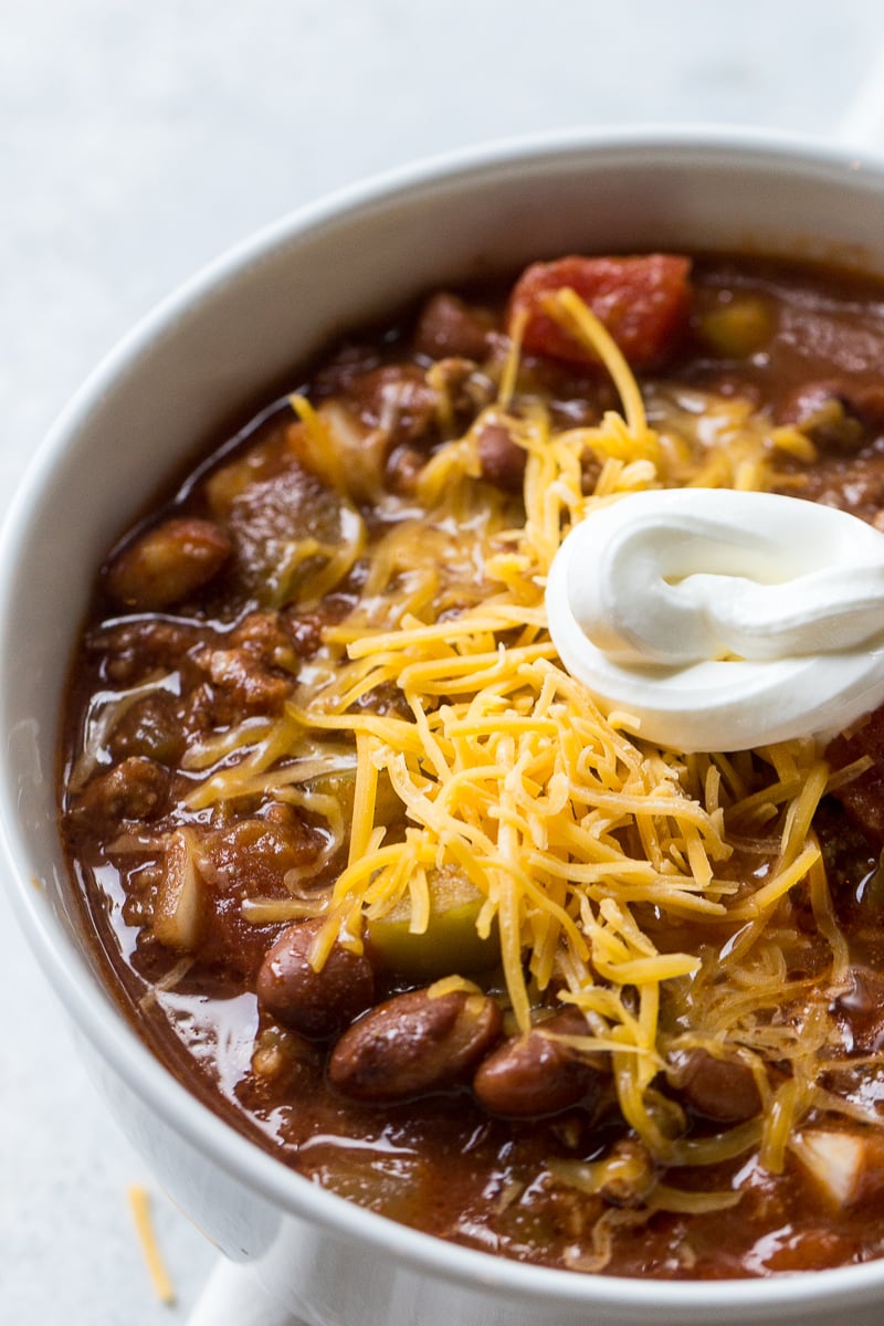 A bowl of Slow Cooker Texas Chili with toppings