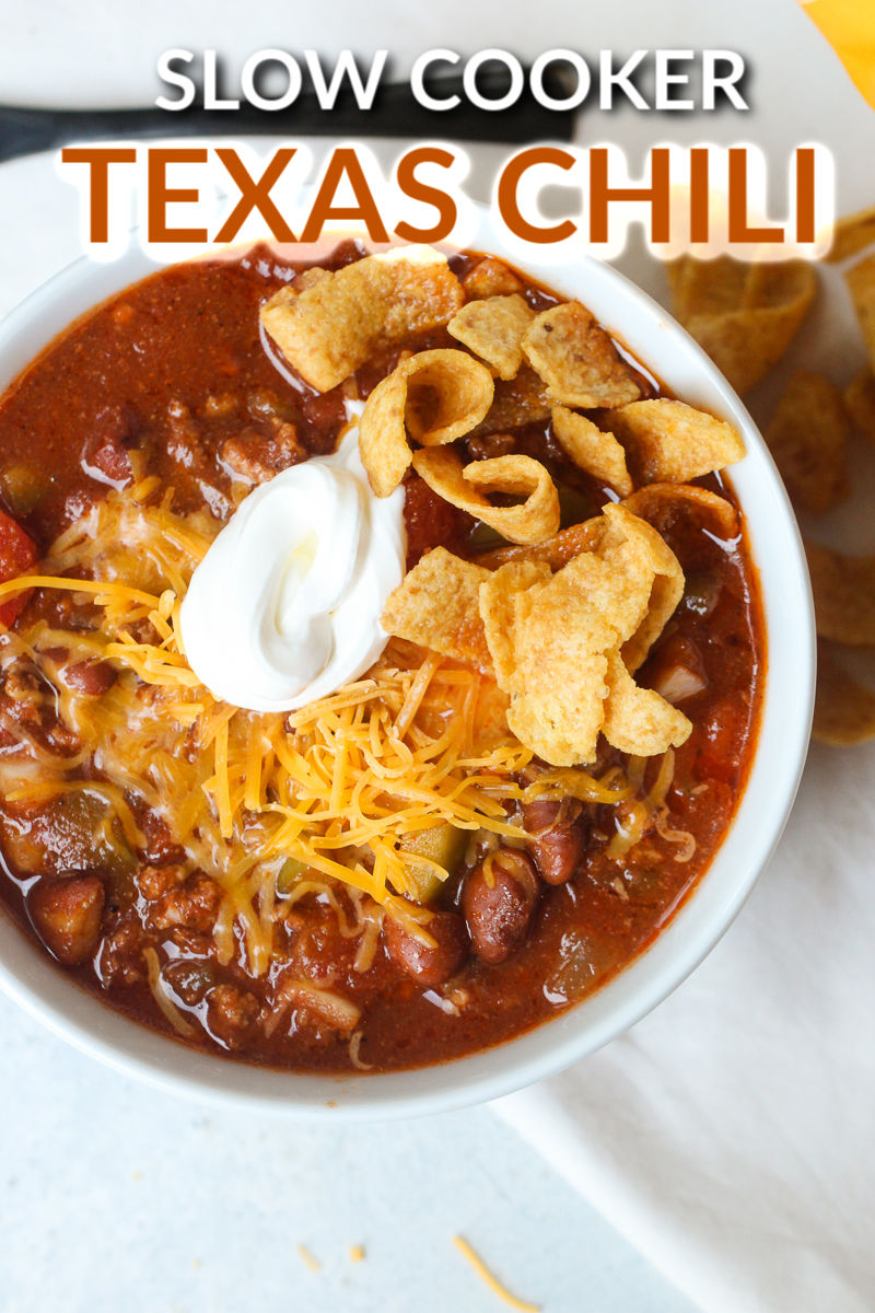 Close up of Slow Cooker Texas Chili with toppings
