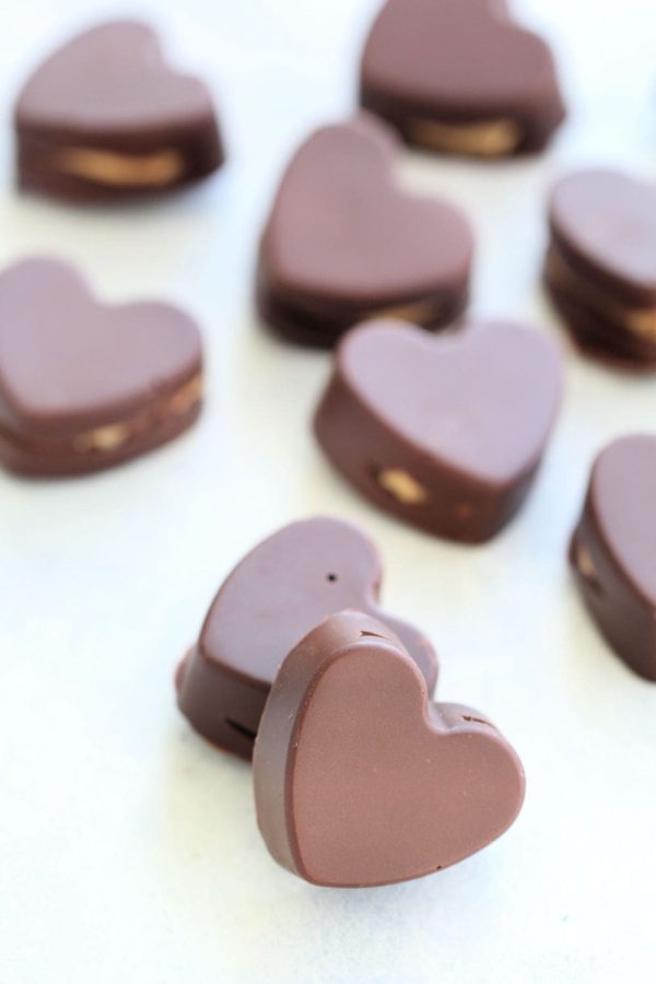 Peanut Butter Chocolate Hearts on a countertop.