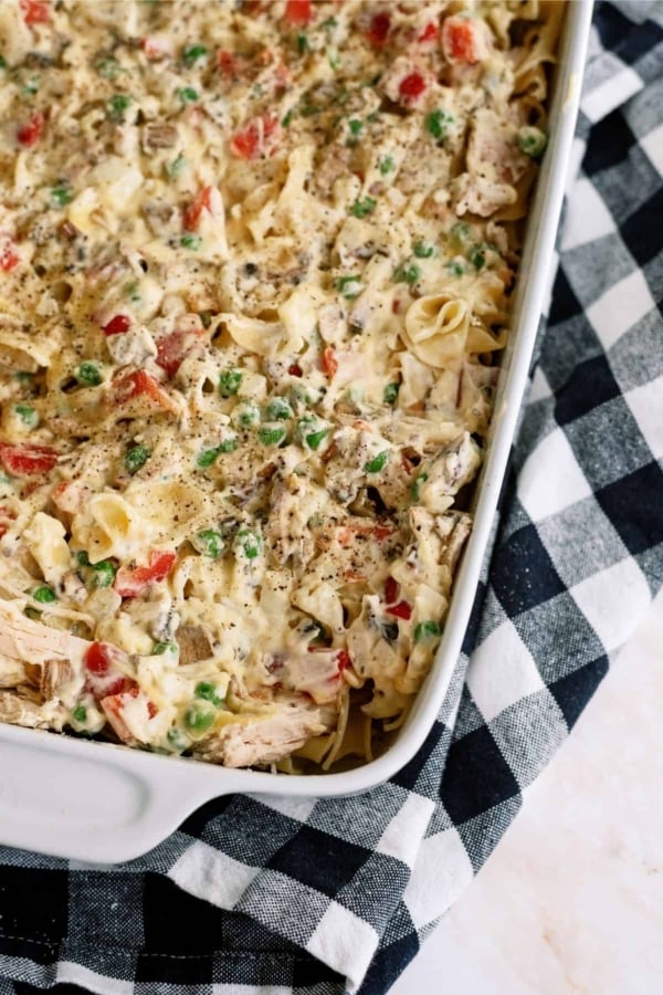easy chicekn and noodle casserole in a baking dish