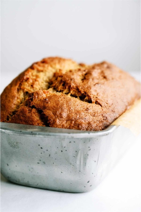 Brown Butter Banana Bread in a loaf pan.