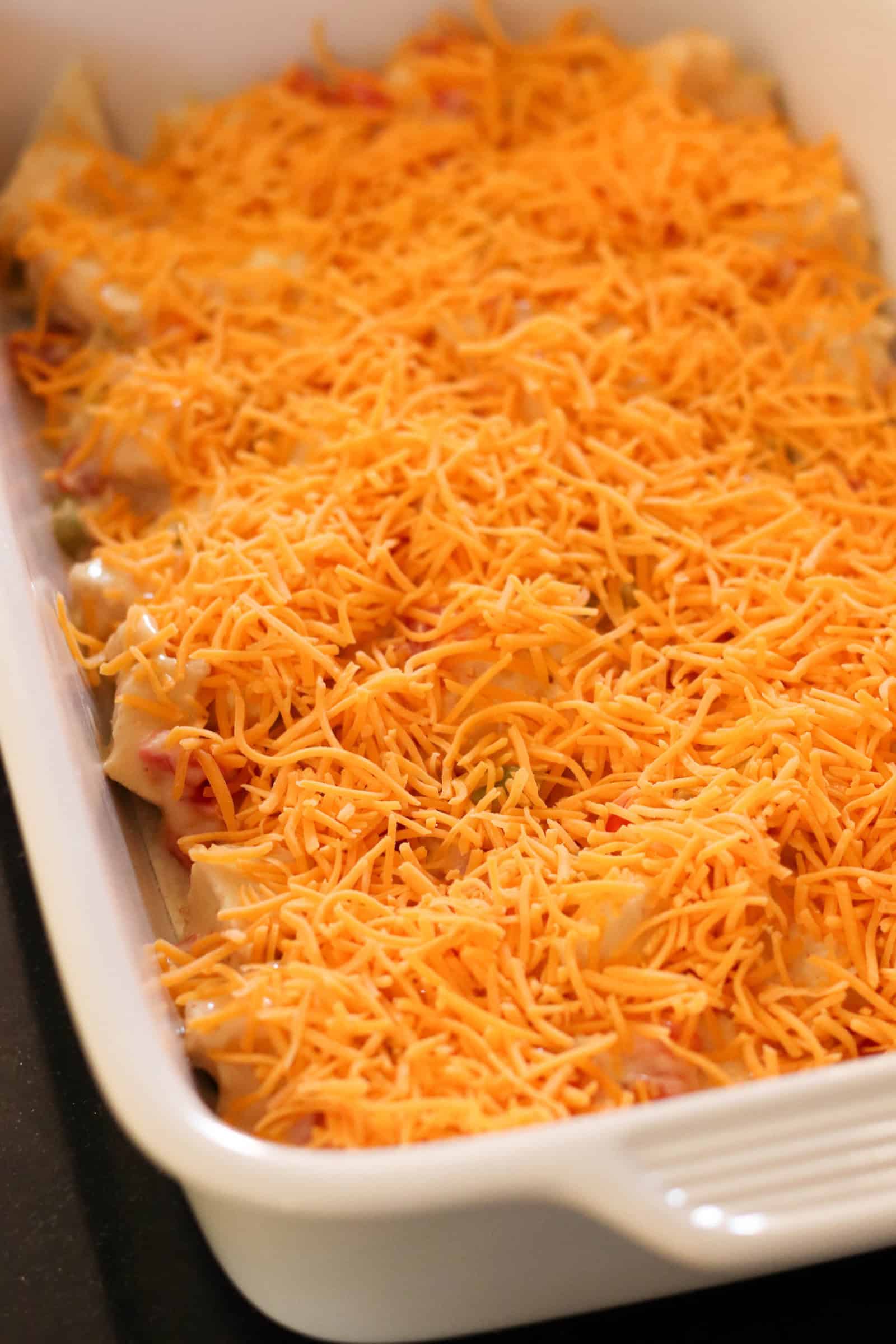 Unbaked Texas Ranch Chicken Casserole in a casserole dish