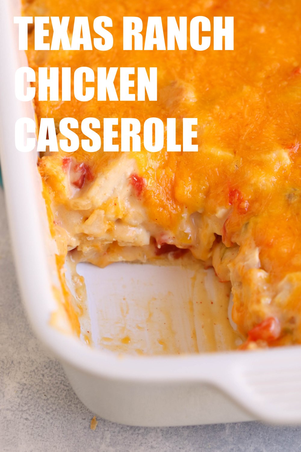 Texas Ranch Chicken Casserole in a casserole dish missing a serving