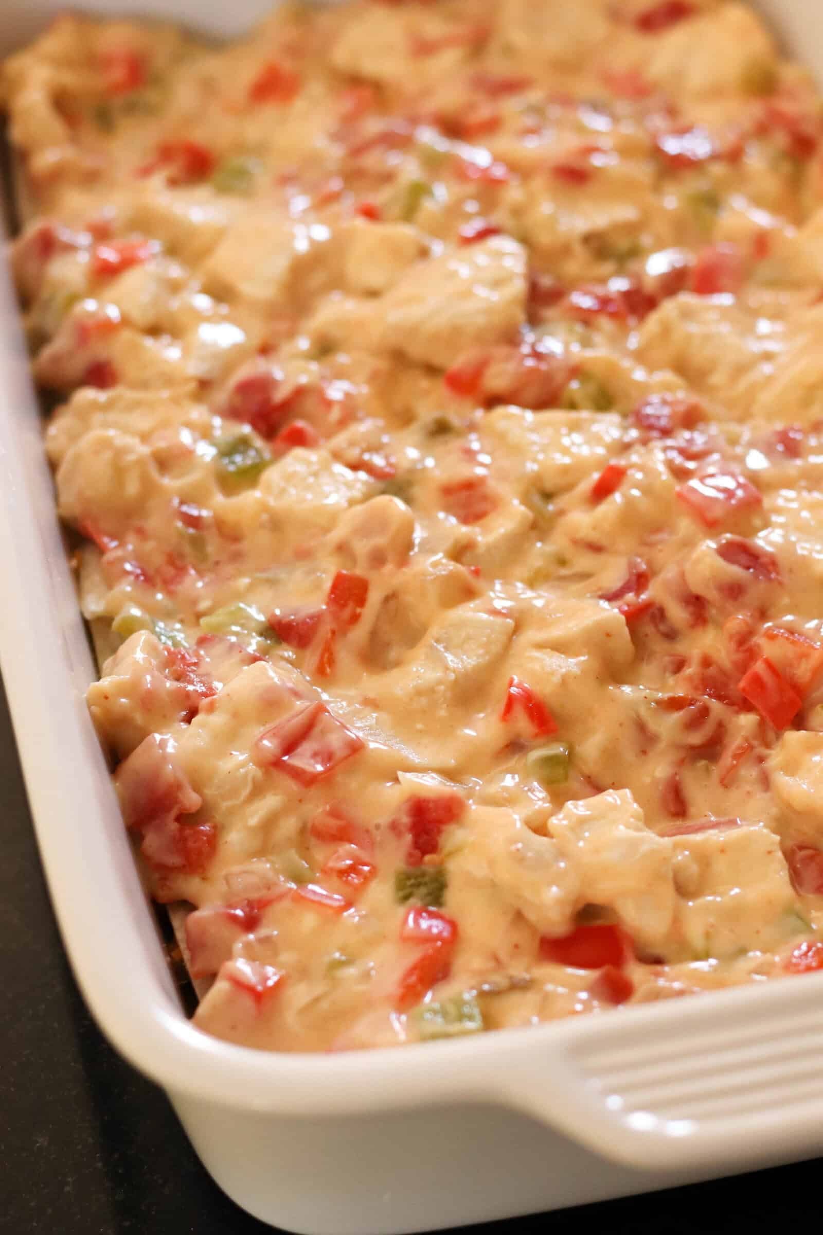 Chicken Mixture layer in casserole dish