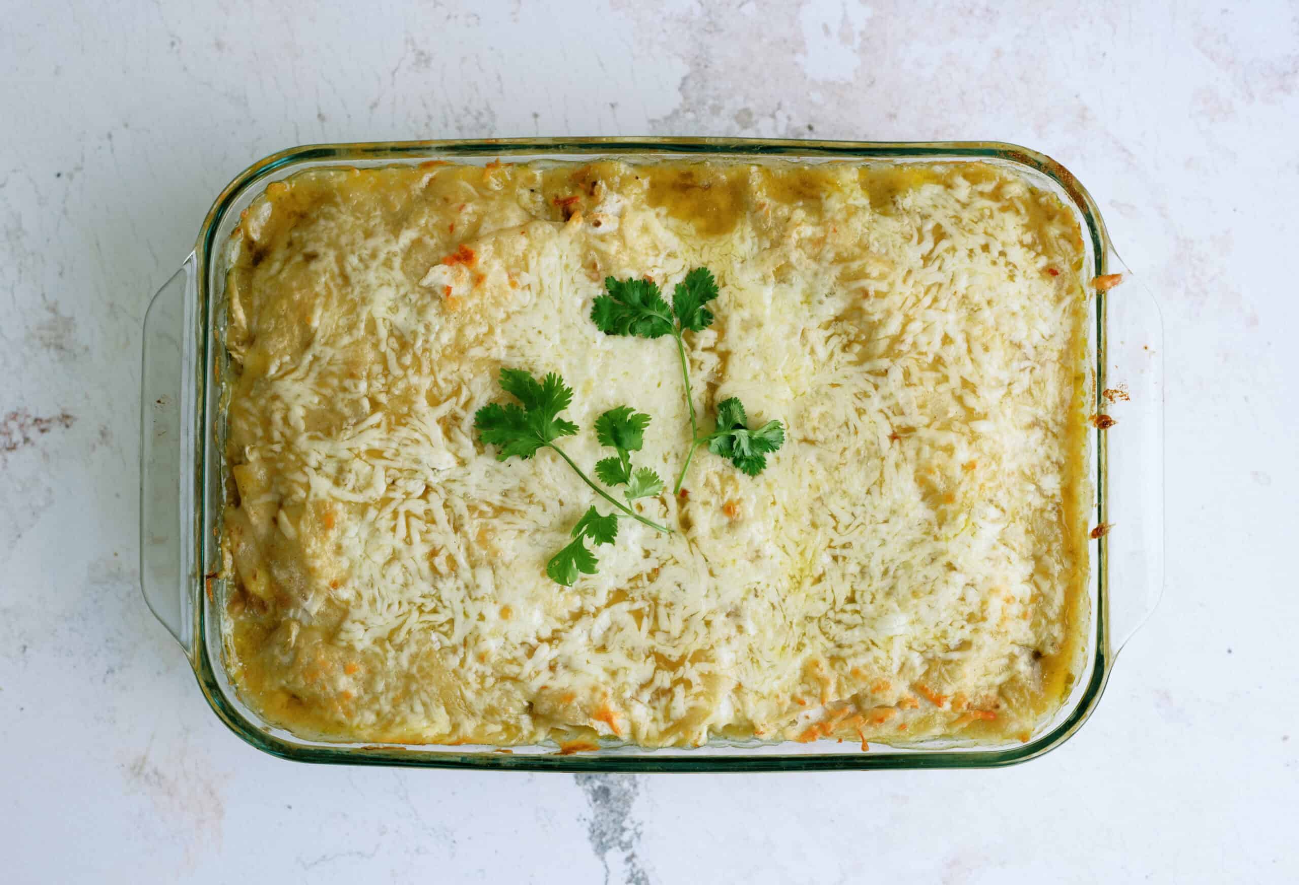 green chile layered enchilada casserole baked