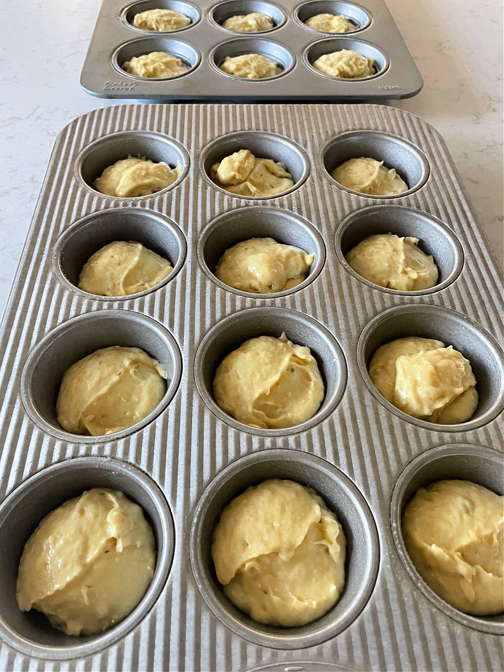 2 Ingredients Banana Muffin batter in muffin tin, ready to bake