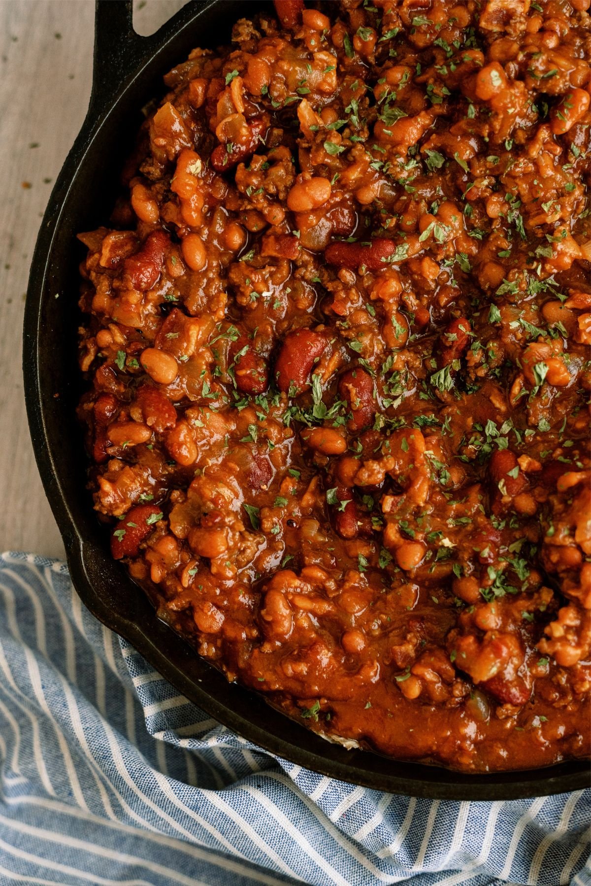 Cowboy Baked Beans close up in a pan