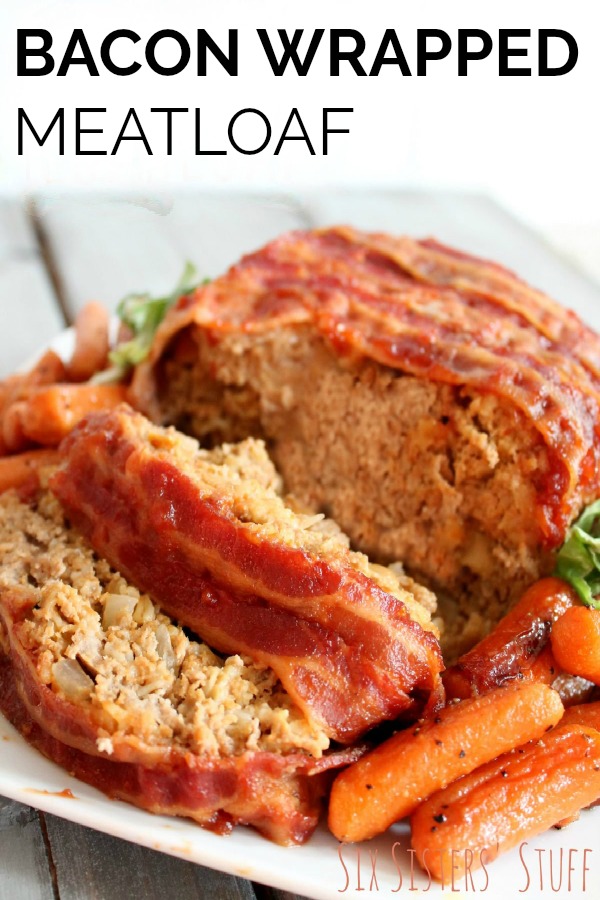 bacon wrapped meatloaf served with carrots