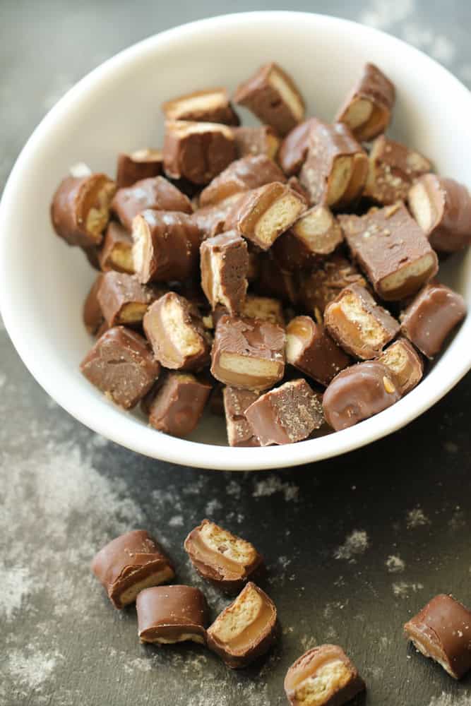 Bowl of cut up twix bars