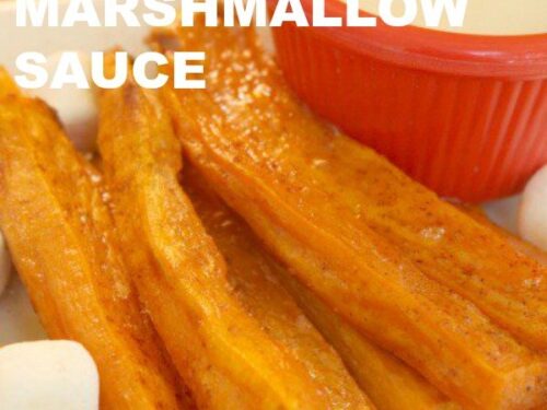 Cinnamon Sugar Sweet Potato Fries with Toasted Marshmallow Sauce